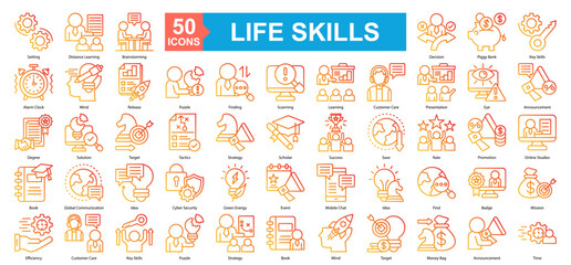 Naklejka premium Life Skills Icon Sheet Setting, Finding, Tactics, Idea, Distance Learning, Brainstorming, Decision, Piggy Bank, Key Skills, Alarm Clock, Mind, Release