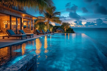 Luxury Maldives beach resort at night with blue pool, green palm trees, lounge chairs, and bar. Reflections of lights on water during golden hour.