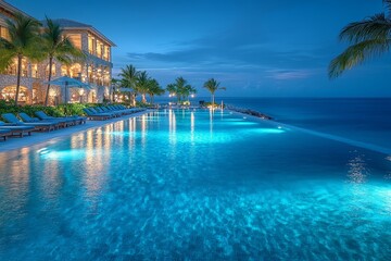 Fototapeta premium Luxury Maldives beach resort at night with blue pool, green palm trees, lounge chairs, and bar. Reflections of lights on water during golden hour.