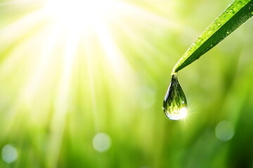 Close Up of a Single Raindrop Hanging from a Blade of Grass