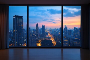 Stunning cityscape view from large window at dusk. Ideal for real estate, travel, or city life themes.
