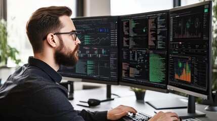 A cybersecurity specialist monitoring AI-generated real-time threat detection data on multiple monitors