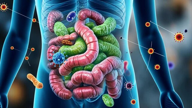 Inside View: An intricate, artistic rendering reveals the complex beauty of human gut microbiome and digestive system, symbolizing health and science.