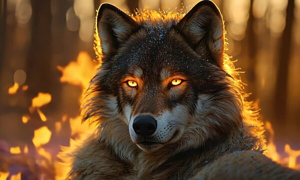 Majestic wolf sunset forest fire background wildlife photography