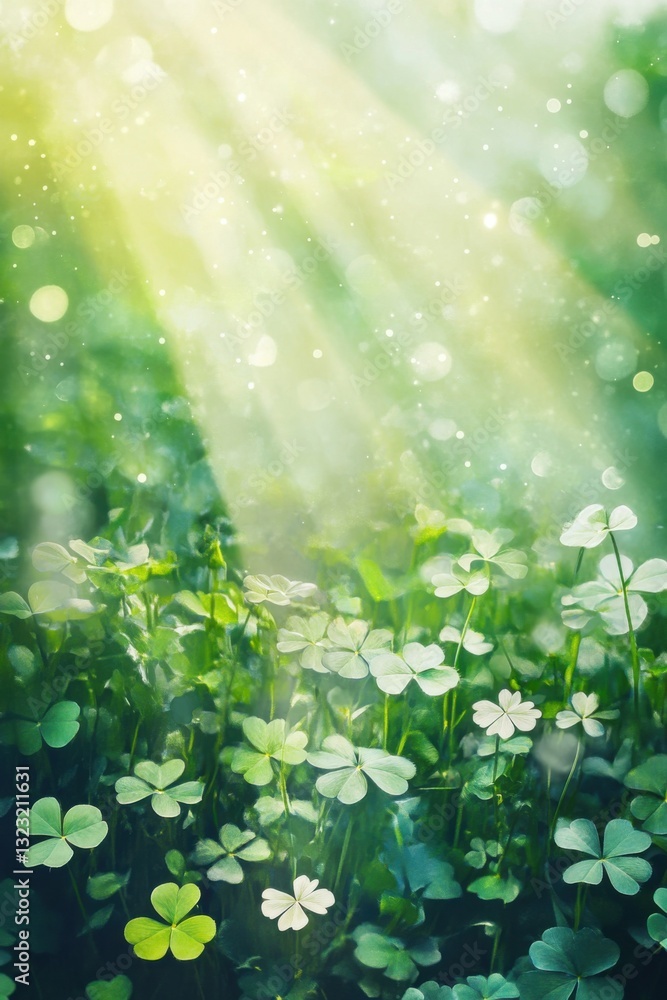 Poster sunlight filtering through leaves, illuminating clovers in a tranquil garden setting
