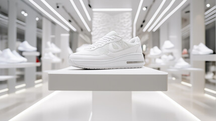 A modern display of white sneakers floating in a minimalist store setup, showcasing product design and innovation.