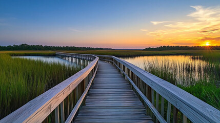 Fototapeta premium boardwalk at a coastal marsh sunset tranquility, ease of access, and a strong bond between visitors and surrounding natural environment, including marsh grasses and aquatic life