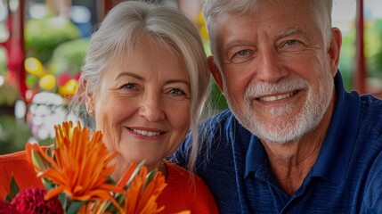 Senior couple with smiles in a vibrant garden setting