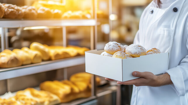 A baker holding a box of freshly made baked goods in a bakery setting, symbolizing craftsmanship and business.