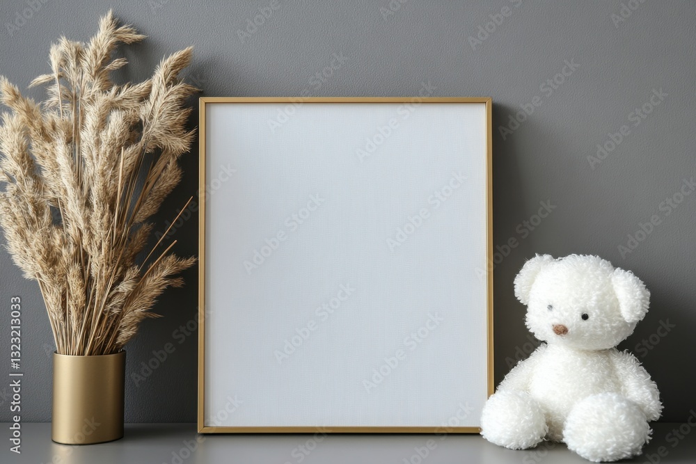 Poster elegant vertical gold frame with empty white canvas against smooth gray backdrop