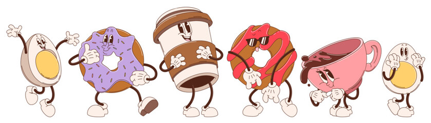 Groovy breakfast characters set - retro cartoon vector egg, coffee ceramic and paper cup, donuts with glazing. Funky vintage food mascots collection with cute 70s vibes. Quirky morning meal pack.