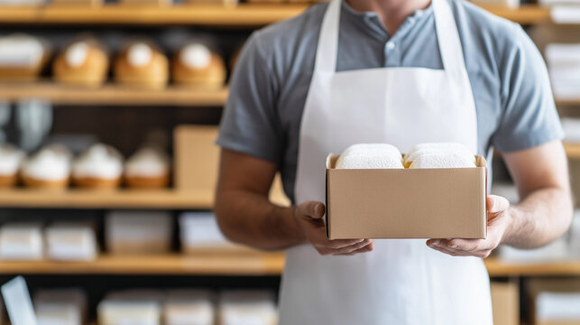 A baker holding a box of freshly made baked goods in a bakery setting, symbolizing craftsmanship and business. - Powered by Adobe