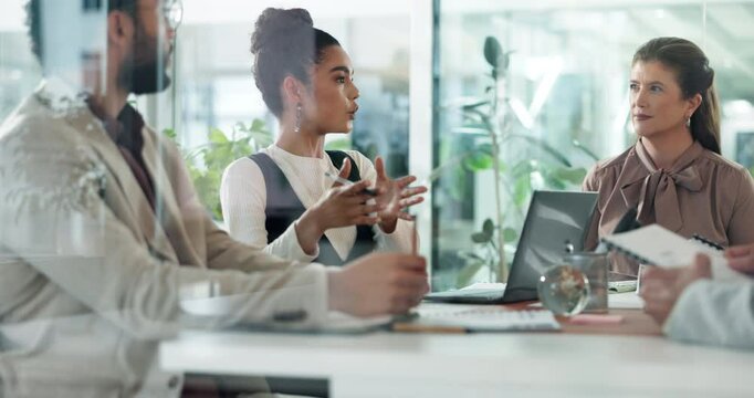 Business people, meeting and conversation with woman, support and planning for project. Employees, cooperation and group in office, collaboration and proposal, sales increase and feedback with ideas