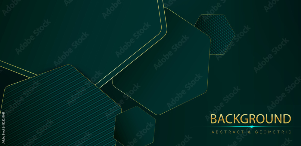 Poster gold outlined hexagons on deep green background - luxury geometric composition with connected polygo