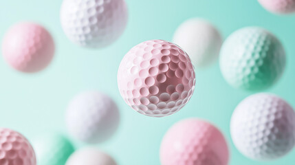 A close-up of floating pastel-colored golf balls in the air, creating a dynamic and playful scene.