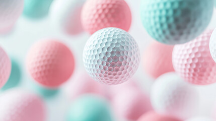 A close-up of floating pastel-colored golf balls in the air, creating a dynamic and playful scene.