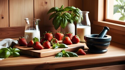 Cozy rustic kitchen countertop with fresh strawberries, basil leaves, bottles of milk, and a mortar and pestle, bathed in natural light.