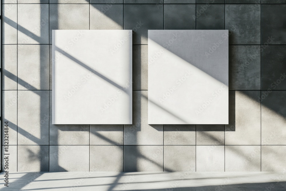 Poster hyper-realistic tiled restroom wall design featuring two blank canvases illuminated by natural windo