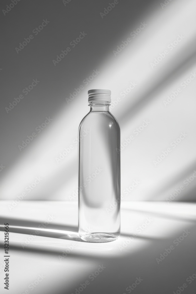 Poster clean transparent bottle stands in soft shadow with vertical framing in minimalistic setting