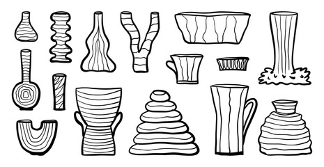Ceramic vase set, pottery icon,old jar silhouette, decorative vases and pots. Minimalist abstract shapes for flowers in black colors. Hand drawn vector illustration. Contemporary art for home decor