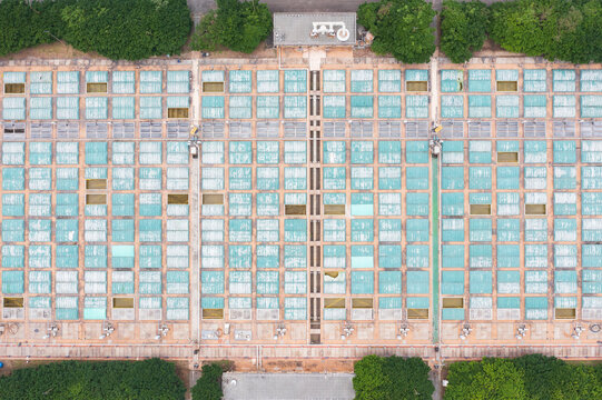 Aerial View of Sedimentation Tanks at Wastewater Treatment Plant