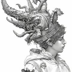 A young person stands solemnly, adorned with a crown that morphs into tentacled creatures. The detailed artwork combines elements of fantasy and horror, creating a striking visual experience
