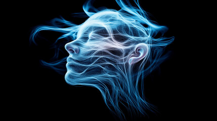 A surreal, artistic representation of a woman's face made of flowing blue smoke, symbolizing energy or spirituality.