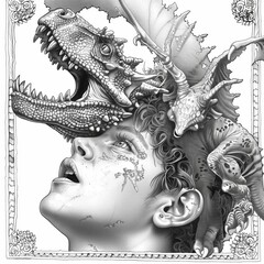 A young person gazes up, their face showing a mix of wonder and fear as dragons coil around their head