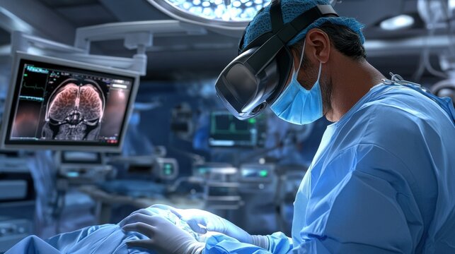 A doctor using a virtual reality (VR) simulation to practice a complex surgery