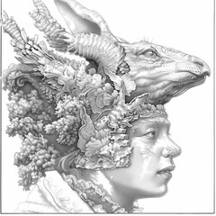 A person gazes thoughtfully with an elaborate headdress featuring an animal design intricately blended with organic forms, showcasing artistry and creativity