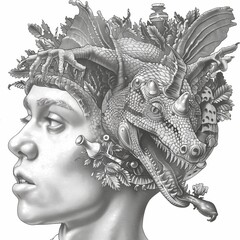 A young individual is depicted in profile, featuring a detailed dragon headpiece intertwined with leaves and plants, merging fantasy with nature in a captivating design