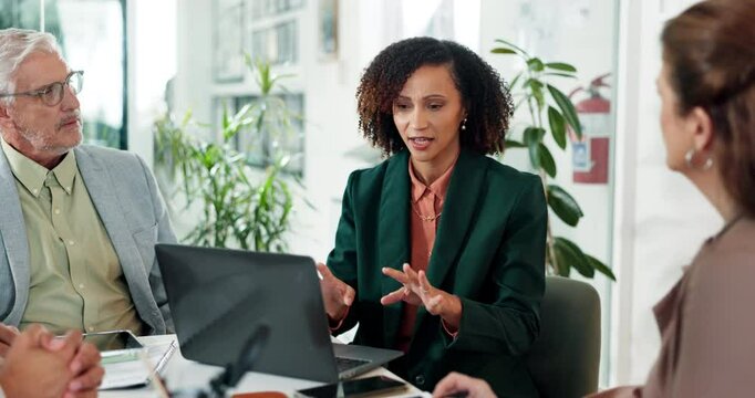Business people, meeting and conversation with woman, laptop and planning for project. Employees, coworking and group in office, computer and proposal for client, process review or corporate training