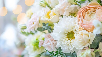 A pastel-colored floral arrangement along the edges, with soft bokeh and clear space in the center. 