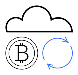 Cloud outline over a cryptocurrency icon and circular arrow. Ideal for finance, blockchain, digital economy, cloud storage, data synchronization, cryptocurrency trading, flat simple metaphor