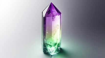 Minimalist crystal shape, softly glowing with violet and green gradients, set in an abstract, peaceful space.