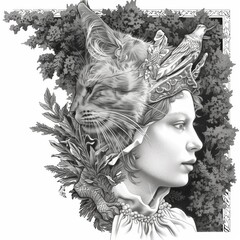 A detailed artwork presents a female figure adorned with elements of nature. Cat features blend seamlessly with floral designs and birds, creating a captivating visual narrative