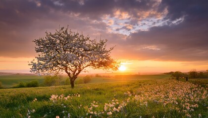 Fototapeta premium serene spring landscape with a blooming tree and a vibrant sunrise