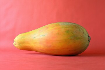A single ripe papaya fruit displayed on a red surface