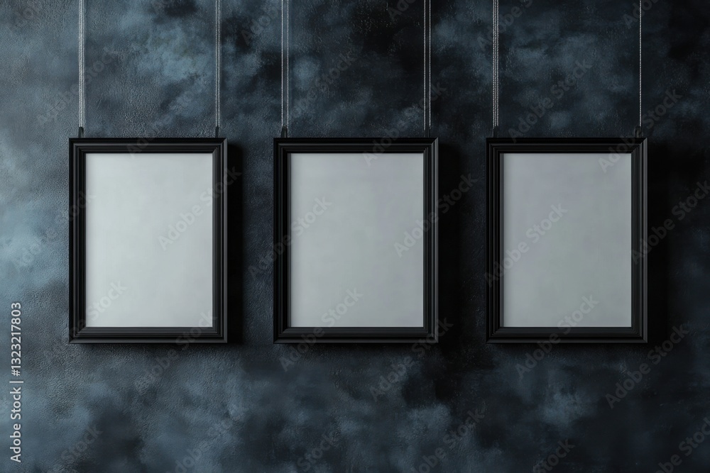 Poster modern poster frames suspended against a dark textured background in a studio setting