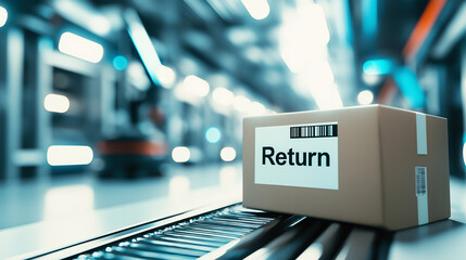 A cardboard box labeled "Return" in a warehouse with shelves of products in the background, symbolizing returns management.