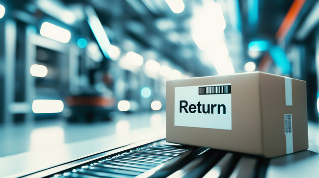 A cardboard box labeled "Return" in a warehouse with shelves of products in the background, symbolizing returns management.