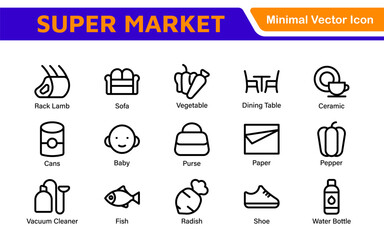 Supermarket Store Icon Collection. Modern Grocery Symbols for UI and Branding