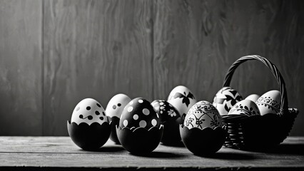 Patterned black and white eggs on a wooden table, some in a basket