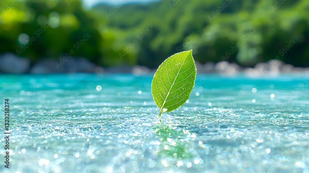 Poster green leaf floating on water with sparkling surface and forest backdrop