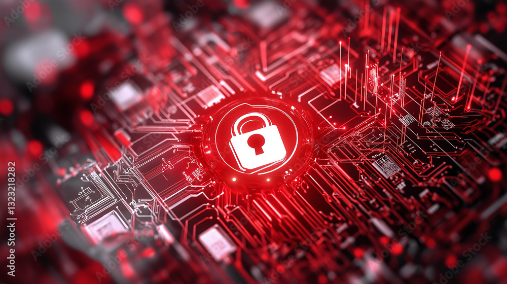 Poster a close-up of a computer chip with glowing red lights, highlighting a lock symbol, representing cybe