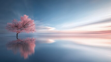 A calm lake reflecting cherry blossom trees, with the sky and water creating soft central space. 