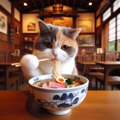 a cat is eating noodles