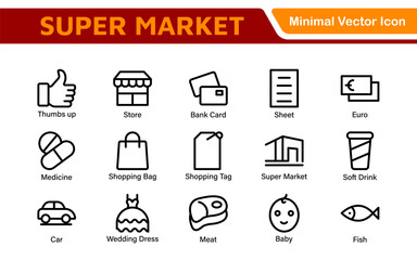 Supermarket Store Icon Collection. Modern Grocery Symbols for UI and Branding