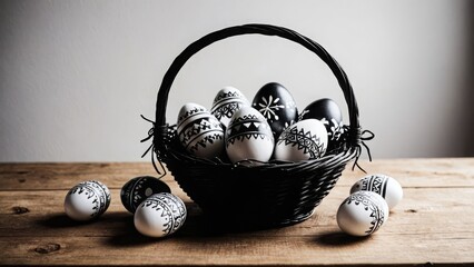 Black basket with white and black eggs featuring intricate patterns on a wooden table