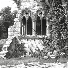 A weathered stone structure with Gothic-style windows stands partially collapsed, overtaken by vines and surrounded by rich foliage. Sunlight filters through the trees, creating a tranquil atmosphere